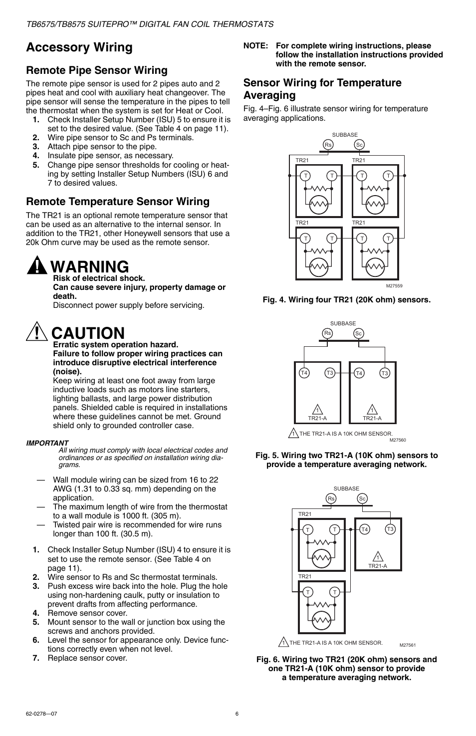Accessory wiring, Warning, Caution | Remote pipe sensor wiring, Remote temperature sensor wiring, Sensor wiring for temperature averaging | Honeywell SUITEPRO TB8575 User Manual | Page 6 / 20