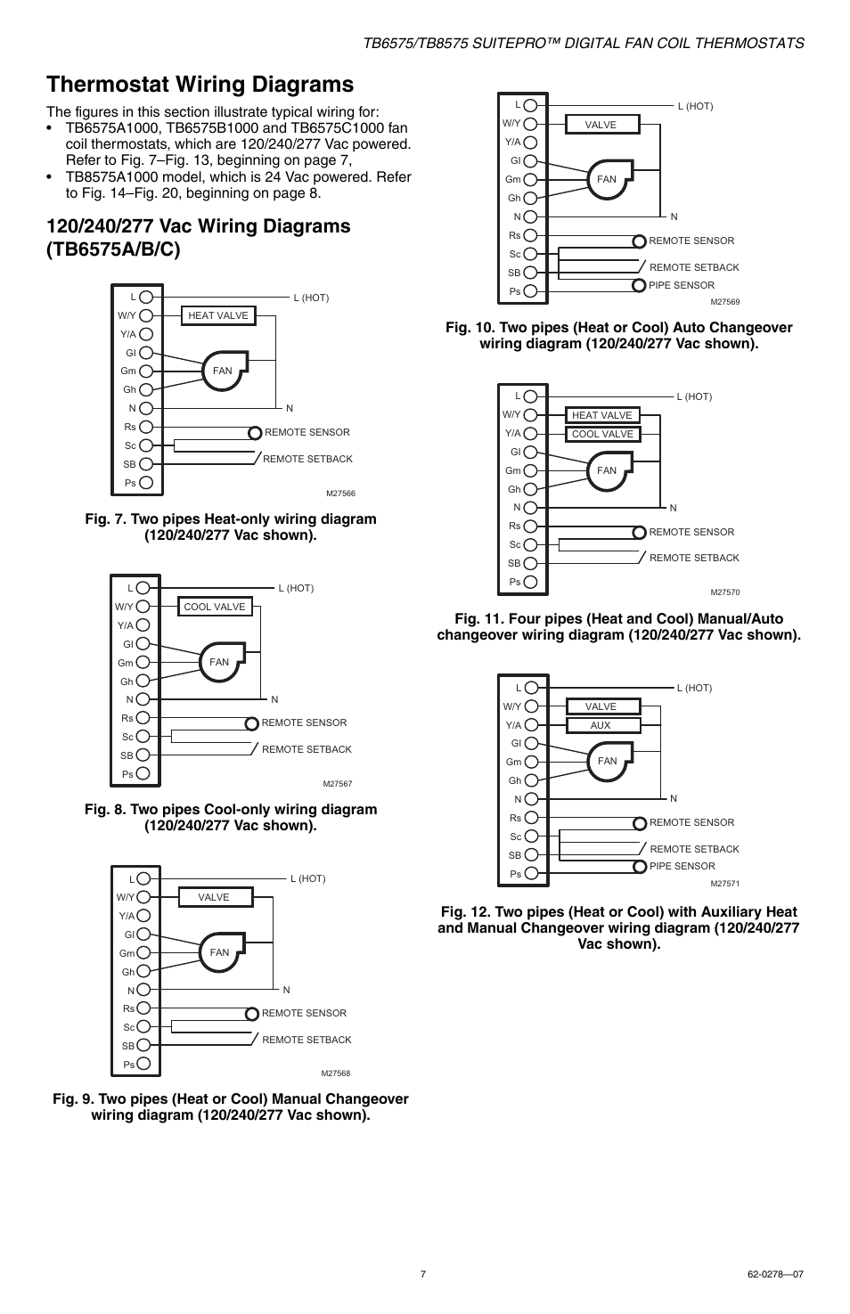 Thermostat wiring diagrams | Honeywell SUITEPRO TB8575 User Manual | Page 7 / 20
