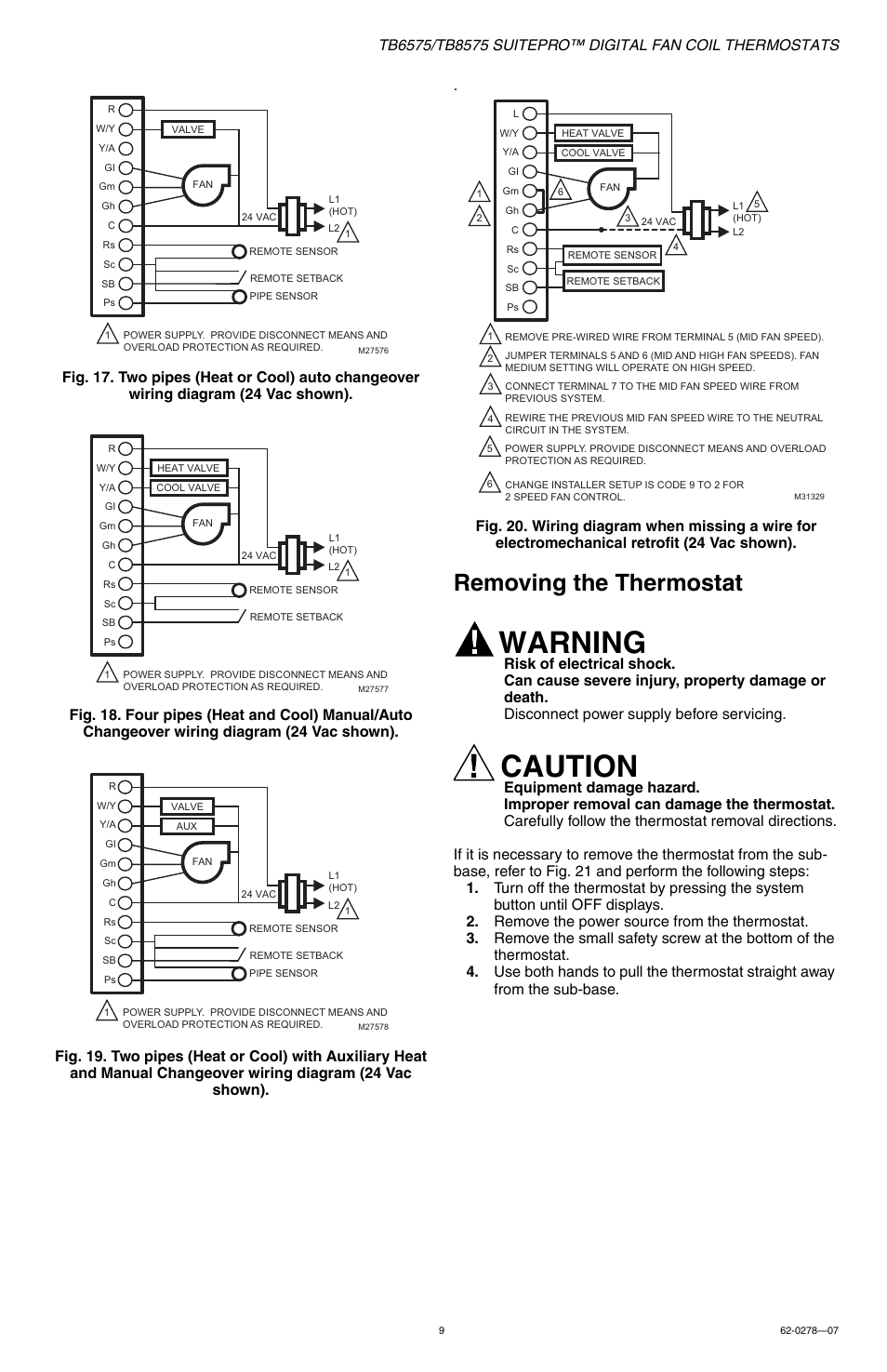 Removing the thermostat, Warning, Caution | Honeywell SUITEPRO TB8575 User Manual | Page 9 / 20