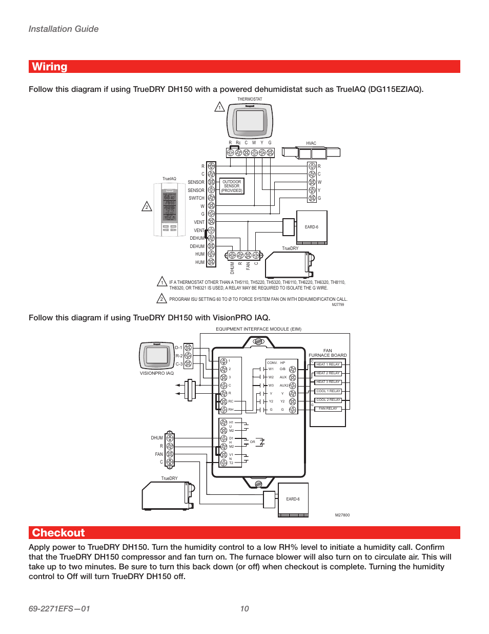 Wiring, Checkout, Installation guide | Honeywell TRUEDRY DH150 User Manual | Page 12 / 60