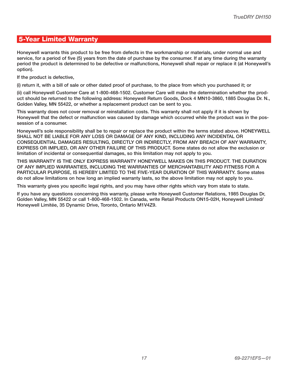 Year limited warranty | Honeywell TRUEDRY DH150 User Manual | Page 19 / 60