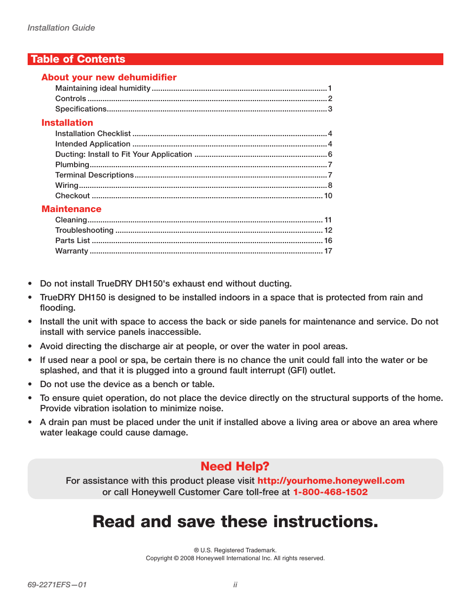 Honeywell TRUEDRY DH150 User Manual | Page 2 / 60