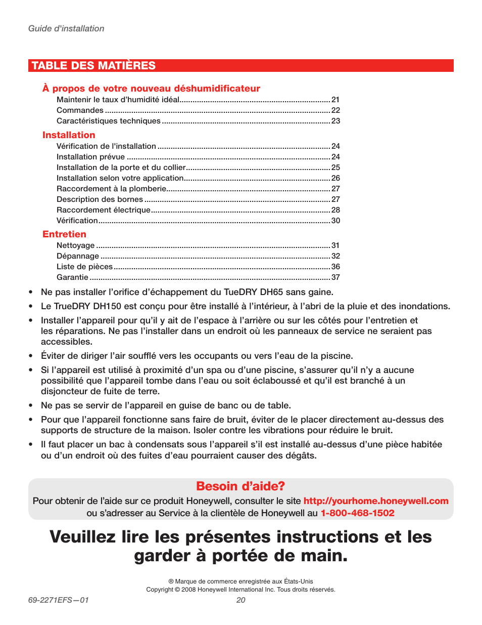 Besoin d’aide | Honeywell TRUEDRY DH150 User Manual | Page 22 / 60