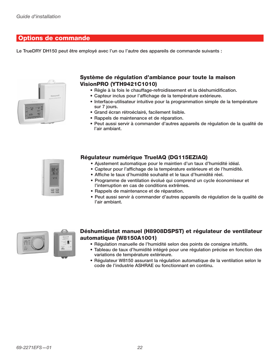 Options de commande | Honeywell TRUEDRY DH150 User Manual | Page 24 / 60