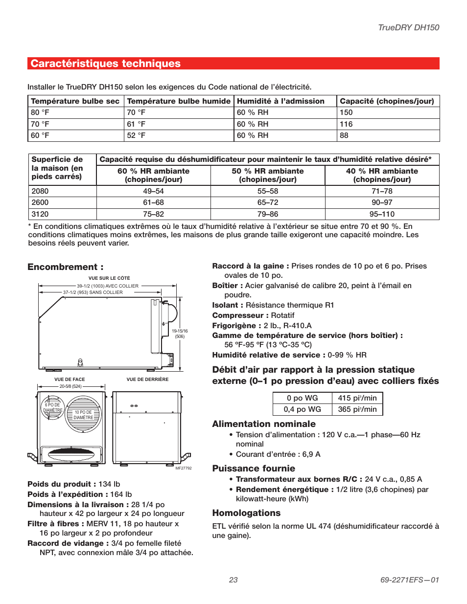 Caractéristiques techniques, Encombrement, Alimentation nominale | Puissance fournie, Homologations | Honeywell TRUEDRY DH150 User Manual | Page 25 / 60