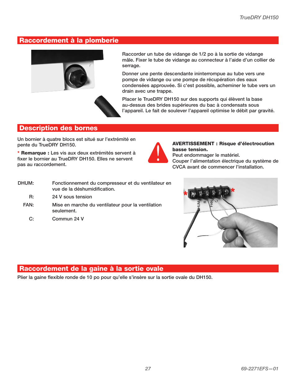 Raccordement à la plomberie description des bornes, Raccordement de la gaine à la sortie ovale | Honeywell TRUEDRY DH150 User Manual | Page 29 / 60