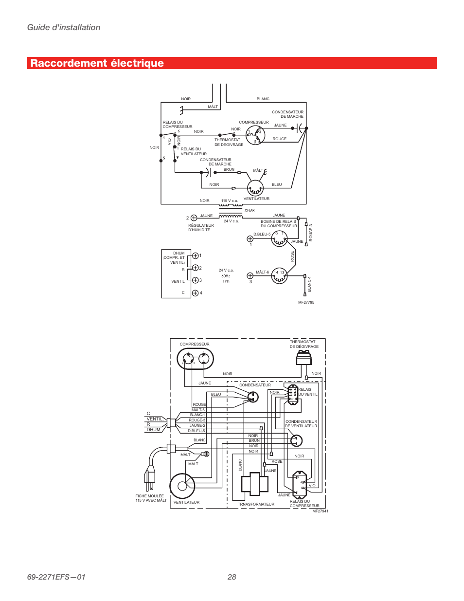 Raccordement électrique, Guide d'installation | Honeywell TRUEDRY DH150 User Manual | Page 30 / 60