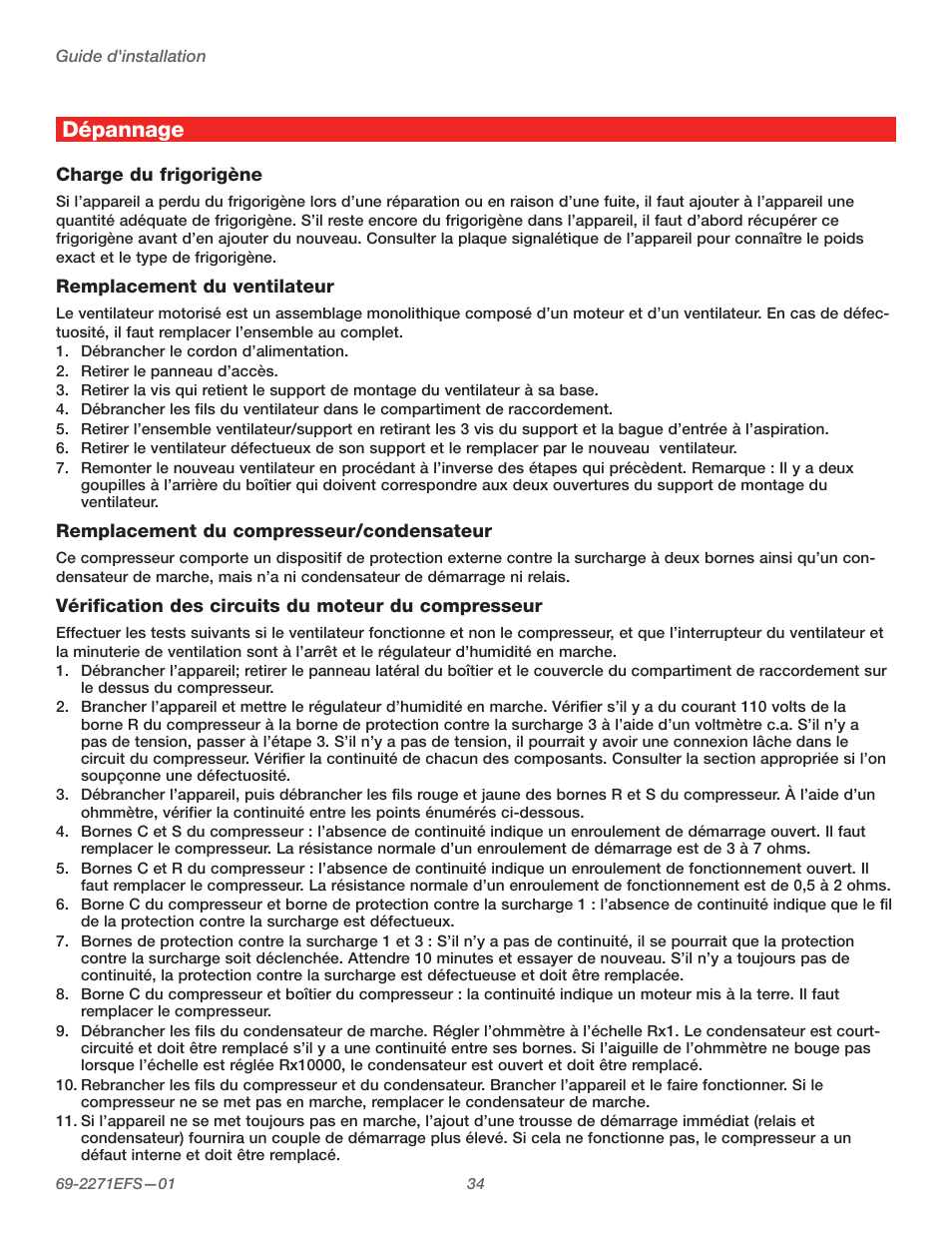 Dépannage | Honeywell TRUEDRY DH150 User Manual | Page 36 / 60