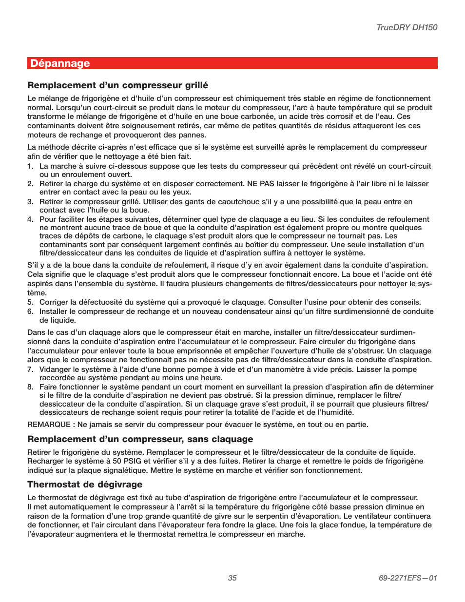 Dépannage | Honeywell TRUEDRY DH150 User Manual | Page 37 / 60
