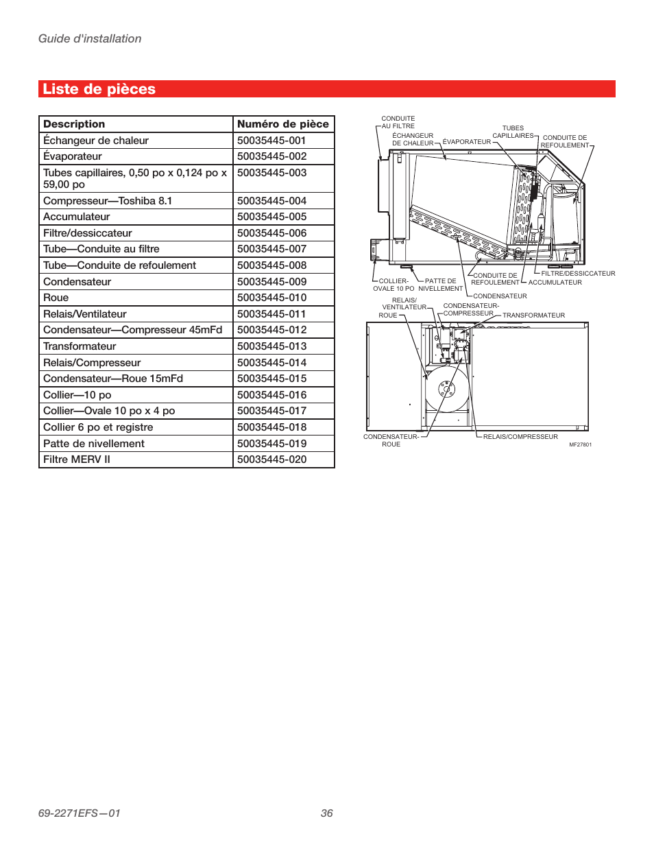 Liste de pièces, Guide d'installation | Honeywell TRUEDRY DH150 User Manual | Page 38 / 60