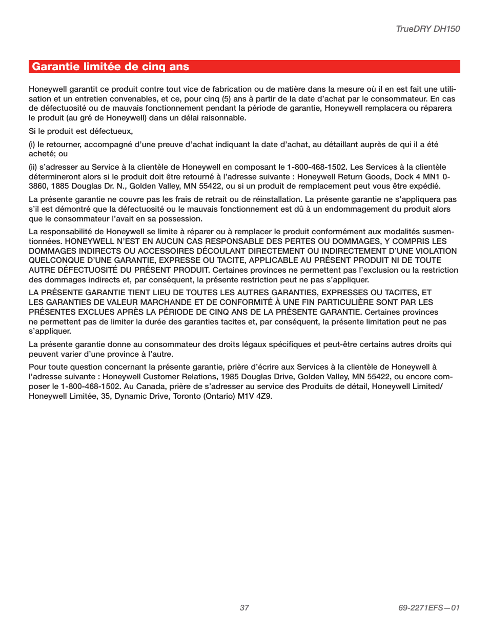 Garantie limitée de cinq ans | Honeywell TRUEDRY DH150 User Manual | Page 39 / 60