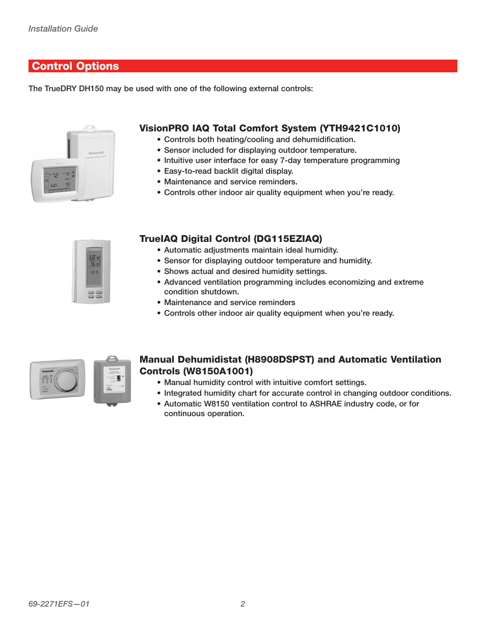 Control options | Honeywell TRUEDRY DH150 User Manual | Page 4 / 60
