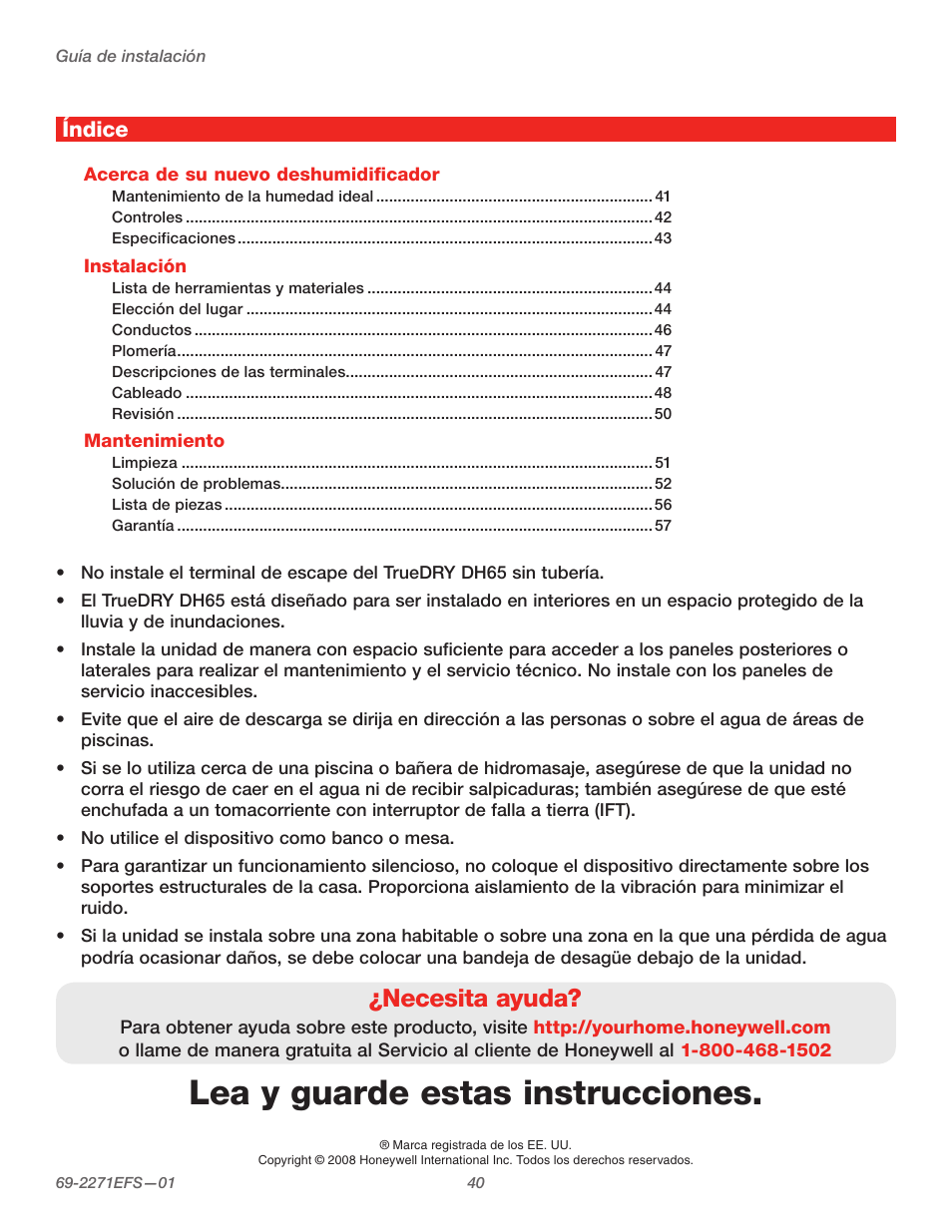 Lea y guarde estas instrucciones, Necesita ayuda, Índice | Honeywell TRUEDRY DH150 User Manual | Page 42 / 60