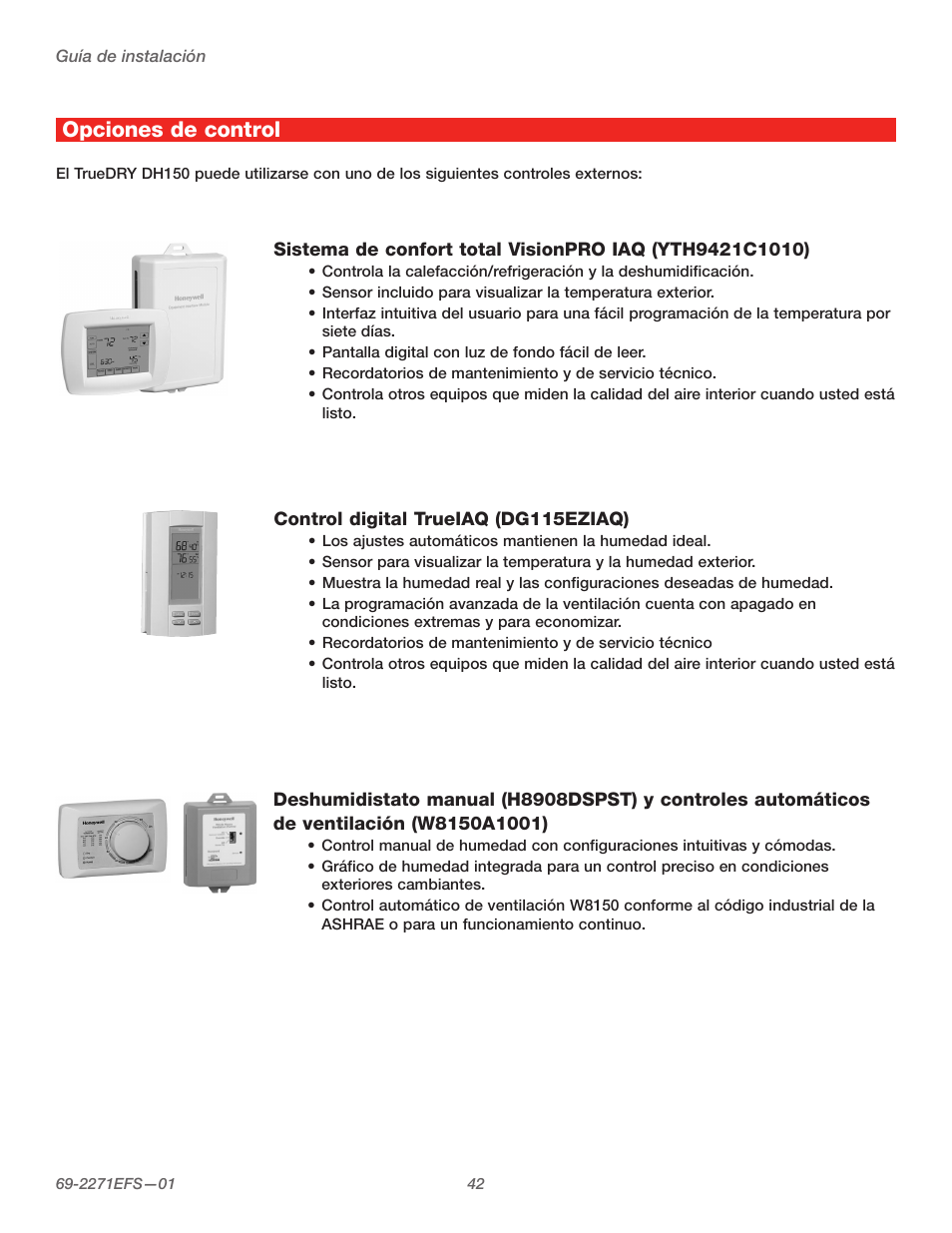 Opciones de control | Honeywell TRUEDRY DH150 User Manual | Page 44 / 60