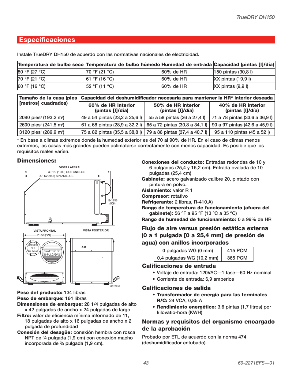 Especificaciones, Dimensiones: calificaciones de entrada, Calificaciones de salida | Honeywell TRUEDRY DH150 User Manual | Page 45 / 60