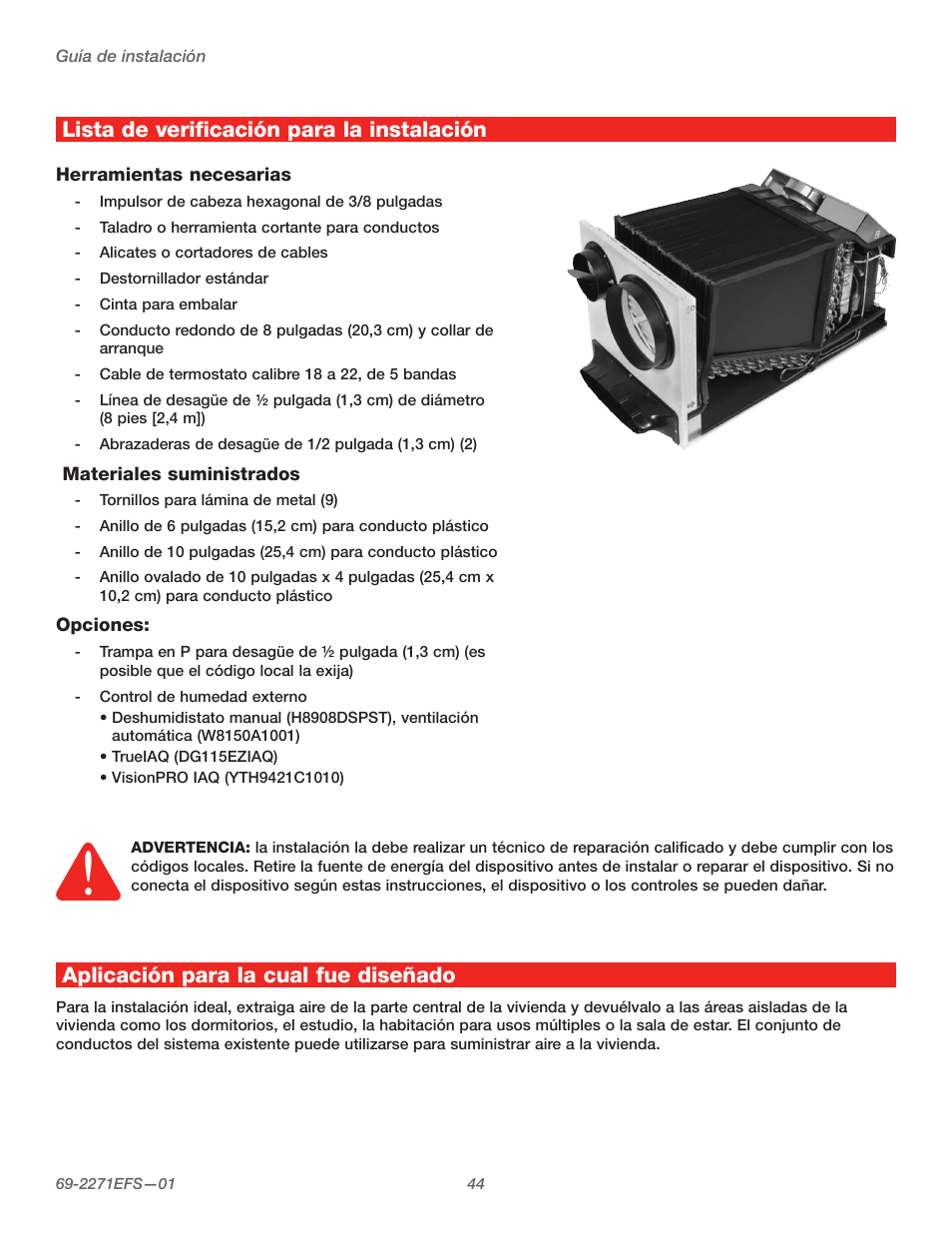 Lista de verificación para la instalación, Aplicación para la cual fue diseñado | Honeywell TRUEDRY DH150 User Manual | Page 46 / 60