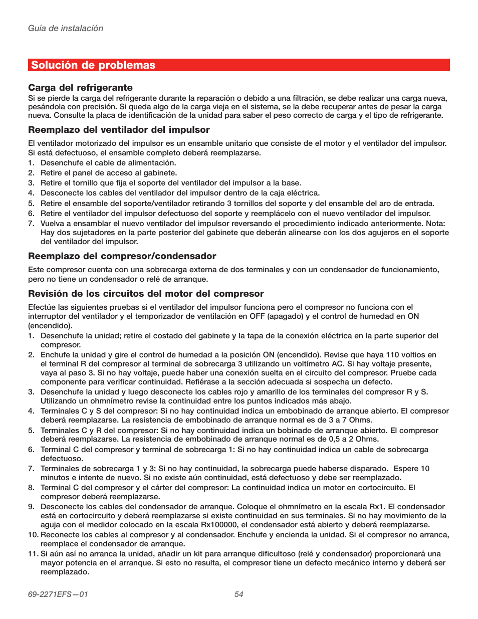Solución de problemas | Honeywell TRUEDRY DH150 User Manual | Page 56 / 60