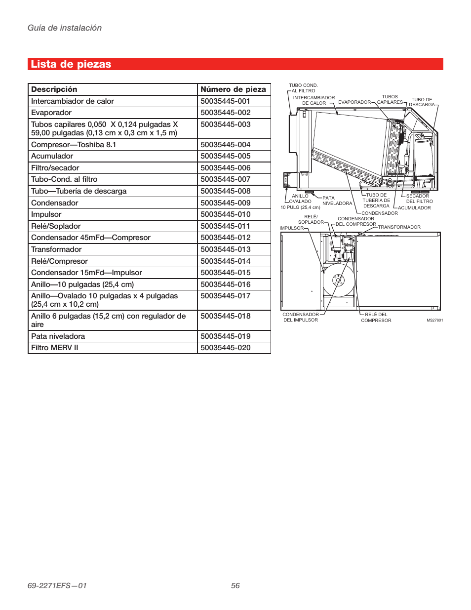 Lista de piezas, Guía de instalación | Honeywell TRUEDRY DH150 User Manual | Page 58 / 60