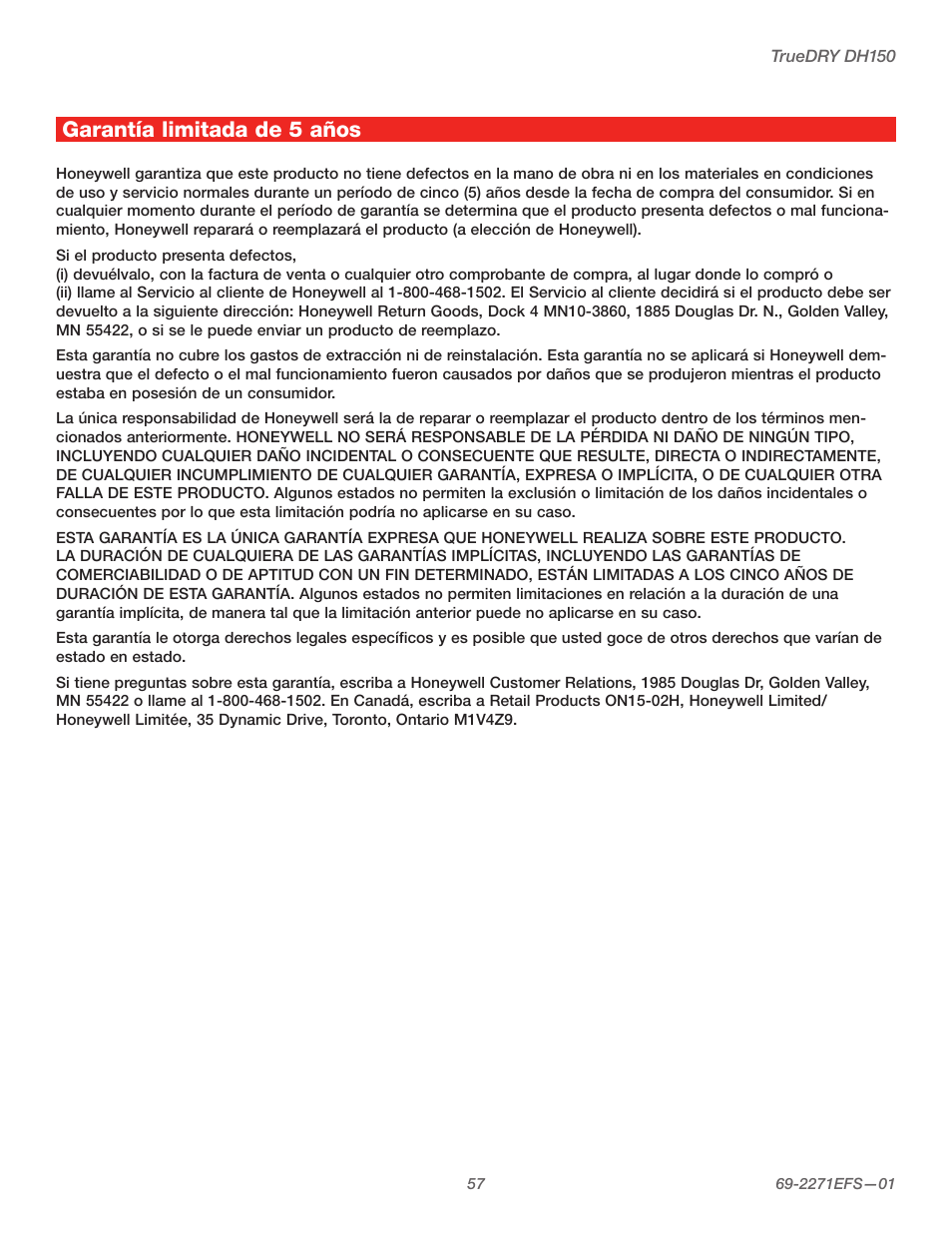 Garantía limitada de 5 años | Honeywell TRUEDRY DH150 User Manual | Page 59 / 60