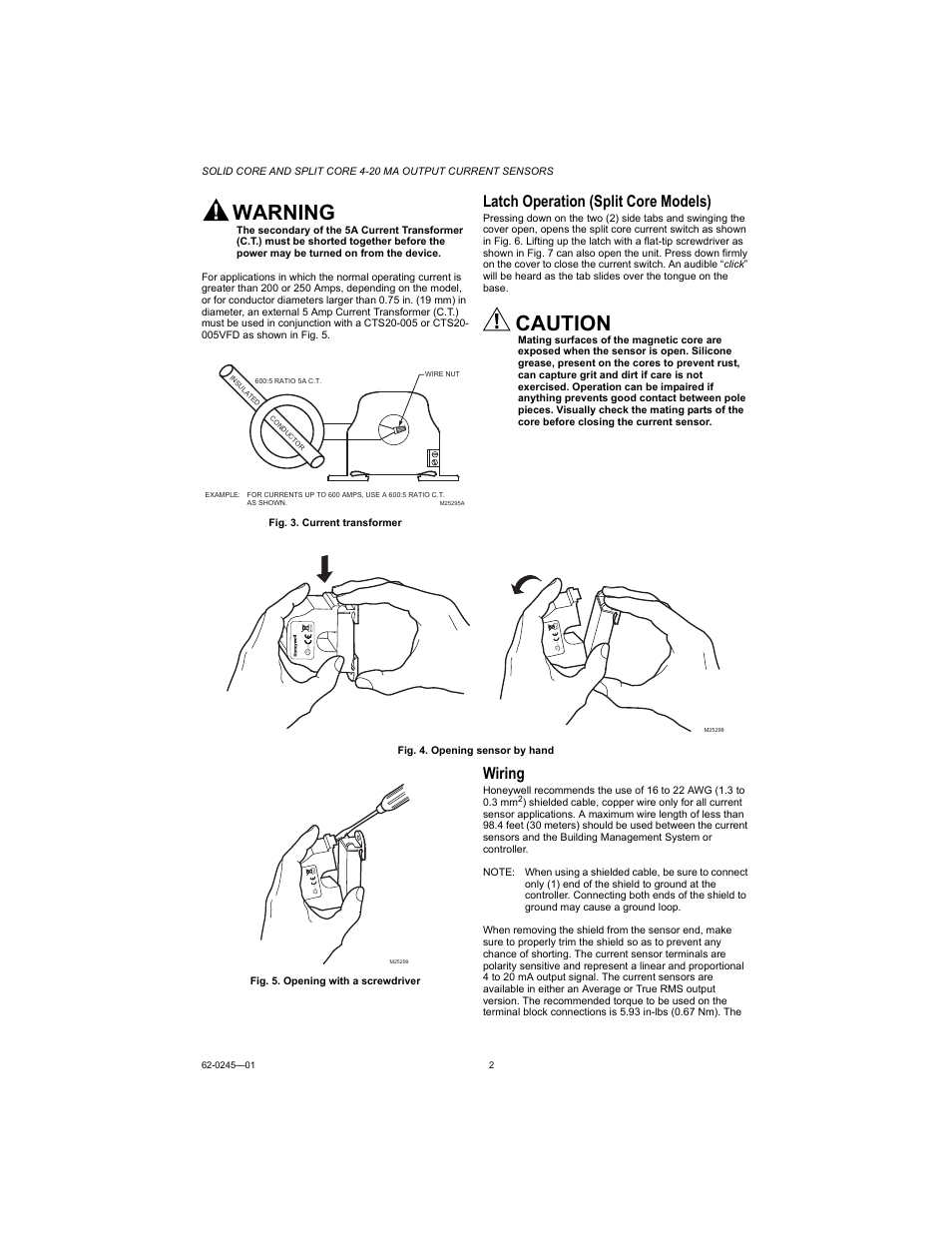 Latch operation (split core models), Wiring, Warning | Caution, Cu s r, Cus r | Honeywell CTP-20 User Manual | Page 2 / 4