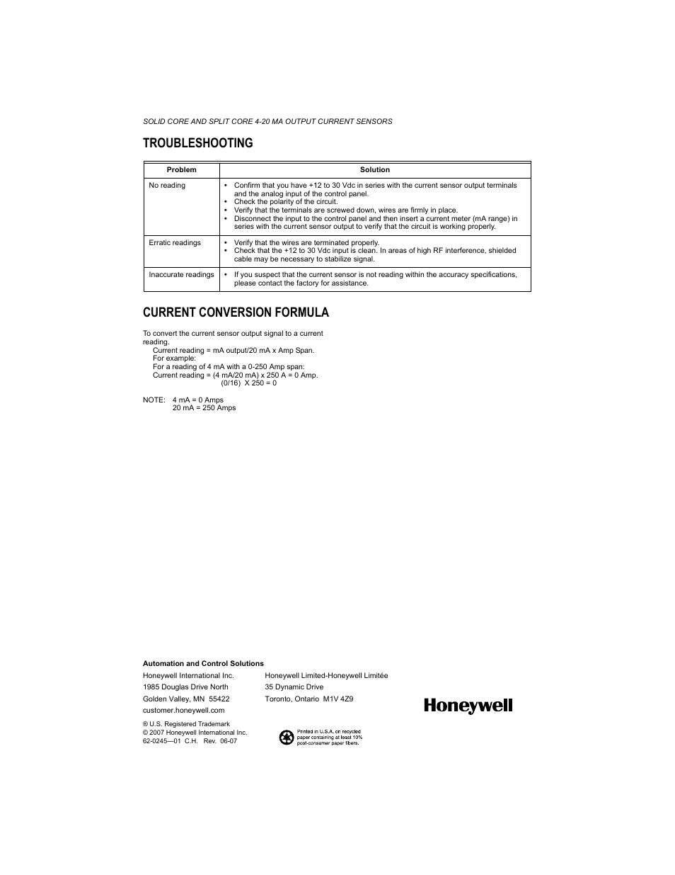 Troubleshooting, Current conversion formula, Troubleshooting current conversion formula | Honeywell CTP-20 User Manual | Page 4 / 4