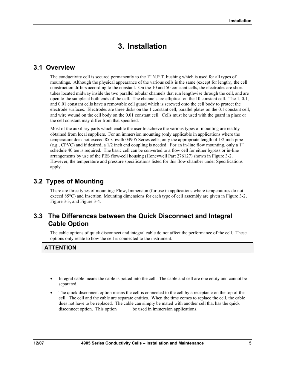 Installation, 1 overview, 2 types of mounting | Overview, Types of mounting | Honeywell 4905 Style Conductivity Cells 70-82-25-18 User Manual | Page 11 / 26