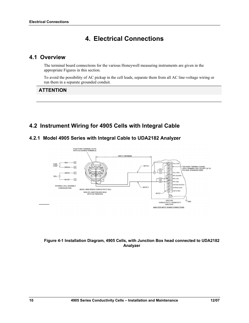 Electrical connections, 1 overview, Overview | Attention | Honeywell 4905 Style Conductivity Cells 70-82-25-18 User Manual | Page 16 / 26