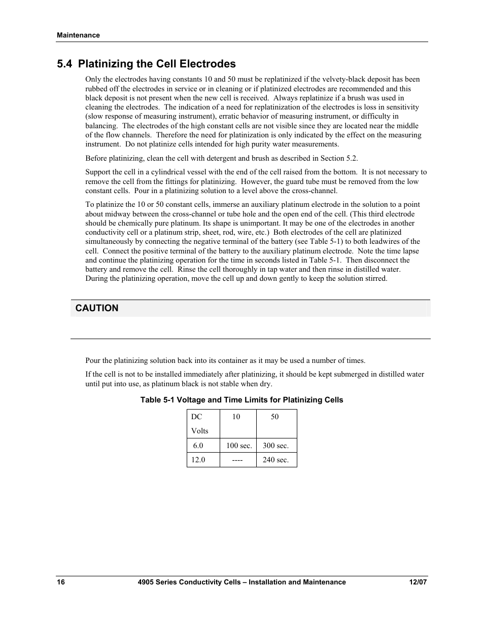 4 platinizing the cell electrodes, Platinizing the cell electrodes | Honeywell 4905 Style Conductivity Cells 70-82-25-18 User Manual | Page 22 / 26