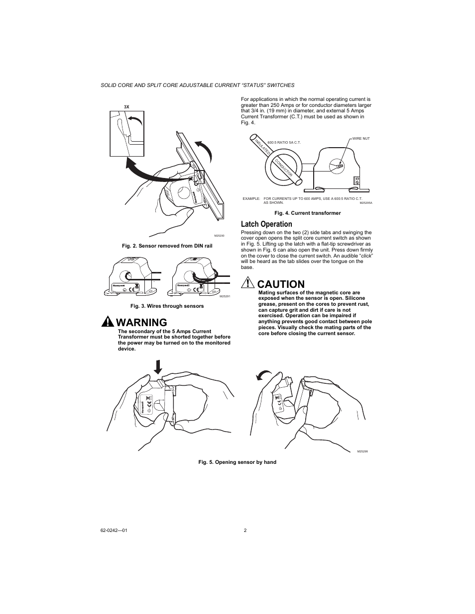 Latch operation, Warning, Caution | Honeywell CSP-C User Manual | Page 2 / 4