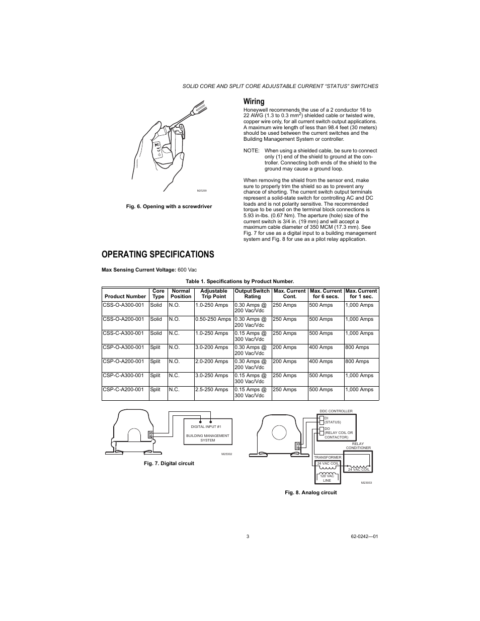 Wiring, Operating specifications, Cus r | Honeywell CSP-C User Manual | Page 3 / 4
