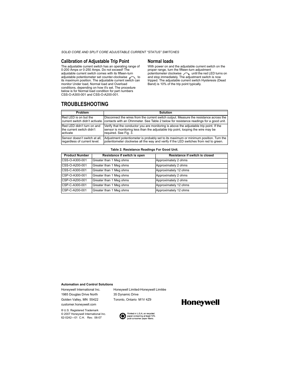 Calibration of adjustable trip point, Normal loads, Troubleshooting | Honeywell CSP-C User Manual | Page 4 / 4