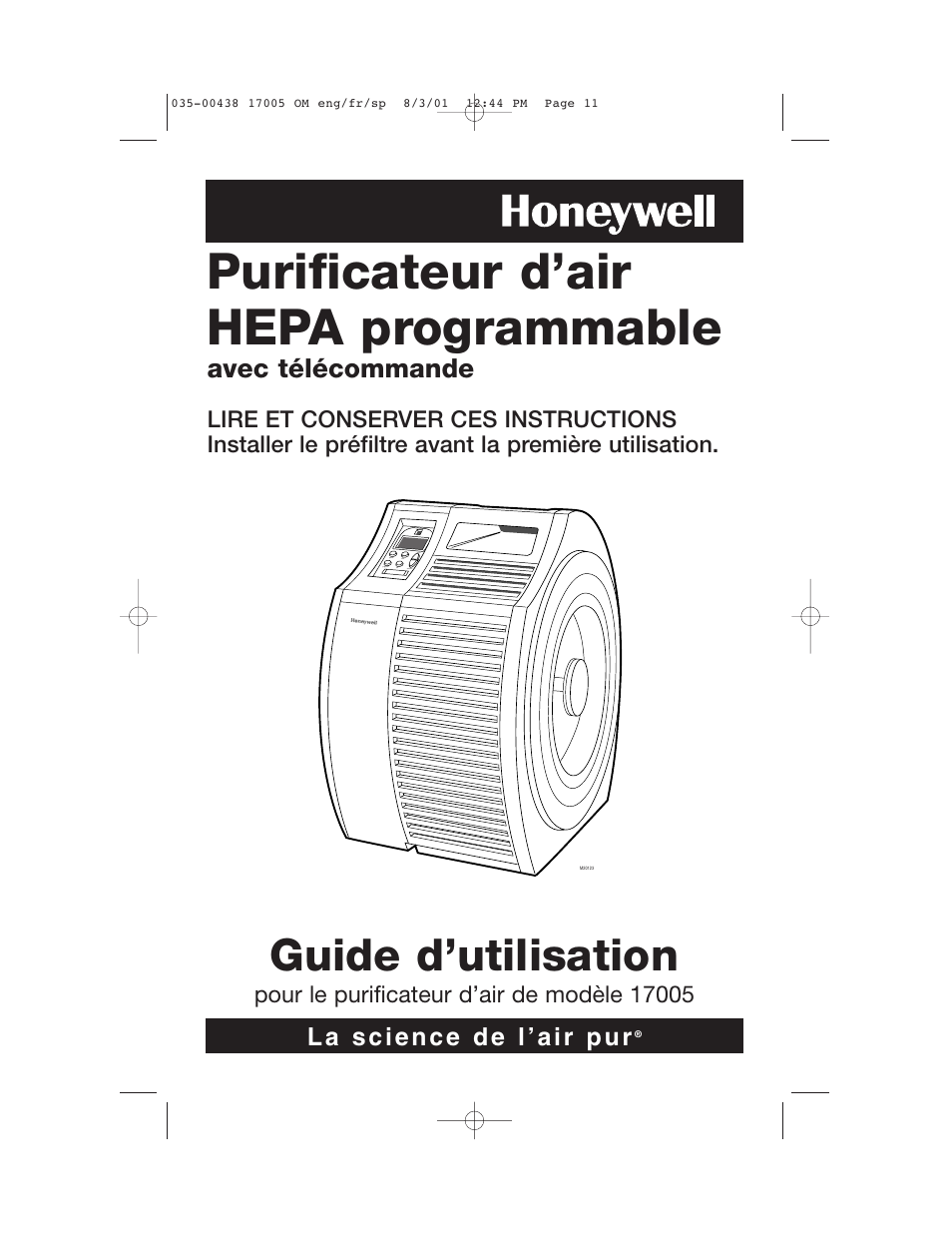 Purificateur d’air hepa programmable, Guide d’utilisation, Avec télécommande | Honeywell 17005 User Manual | Page 12 / 32