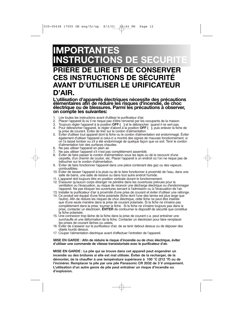 Importantes instructions de securite | Honeywell 17005 User Manual | Page 13 / 32