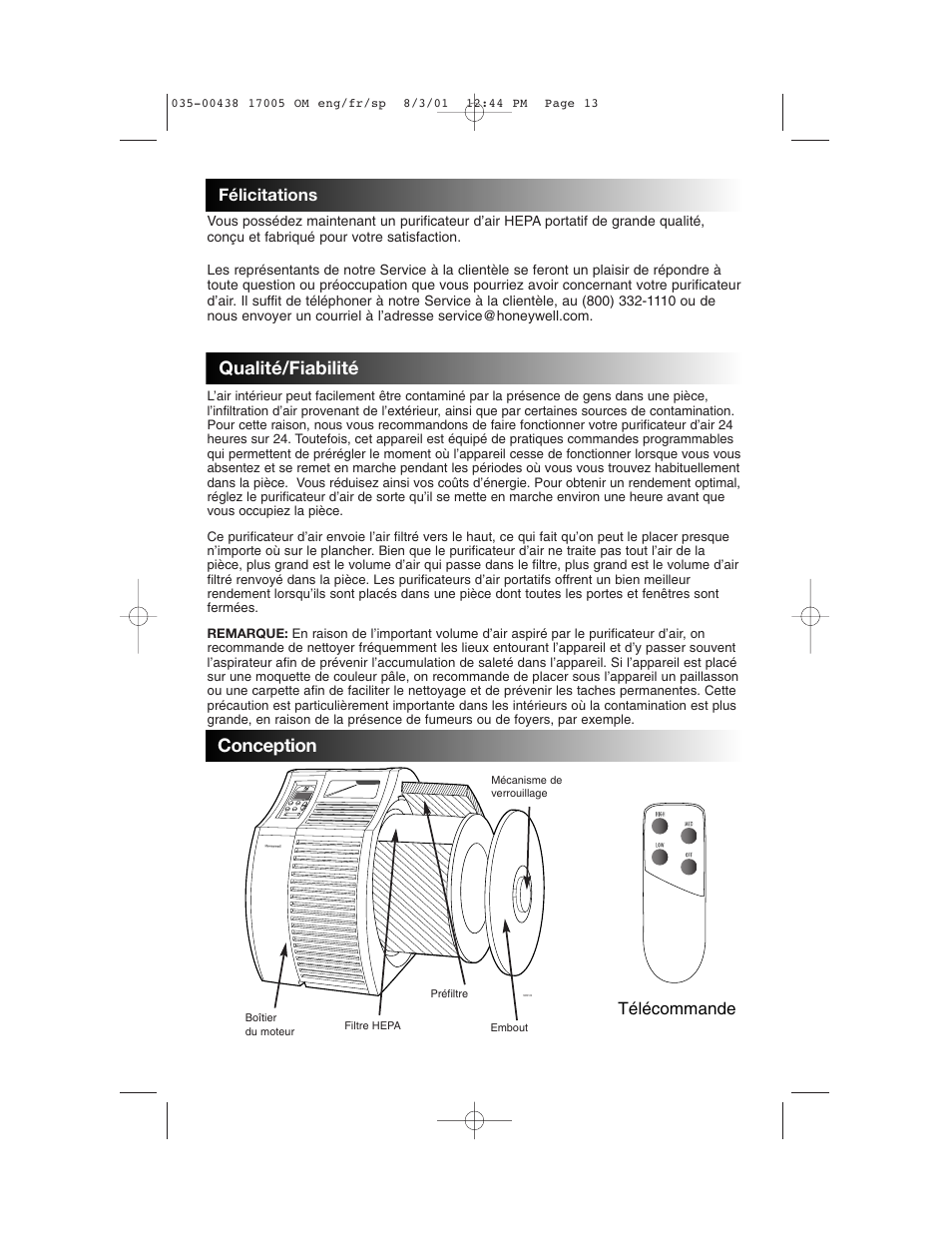 Qualité/fiabilité, Conception, Félicitations | Télécommande | Honeywell 17005 User Manual | Page 14 / 32