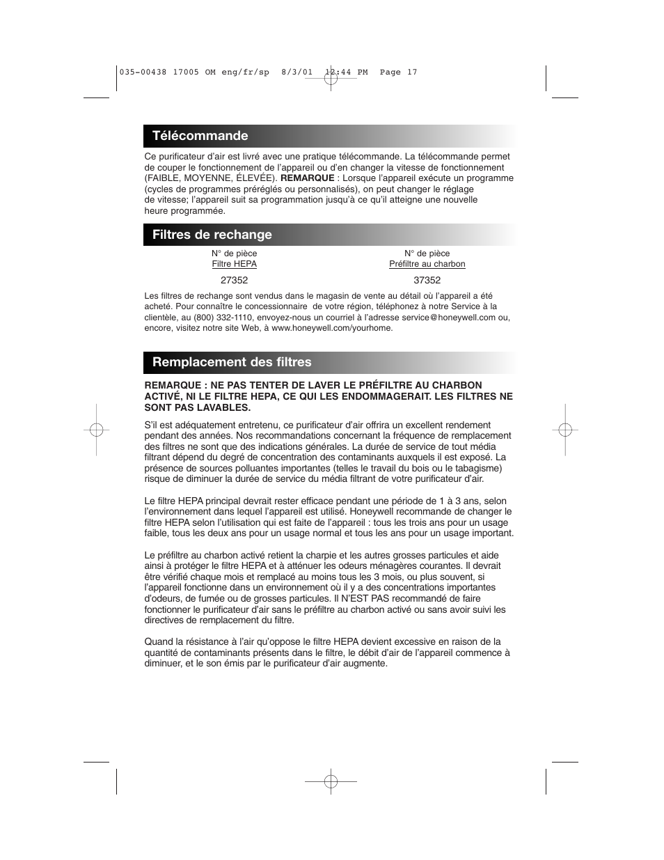Filtres de rechange, Remplacement des filtres, Télécommande | Honeywell 17005 User Manual | Page 18 / 32