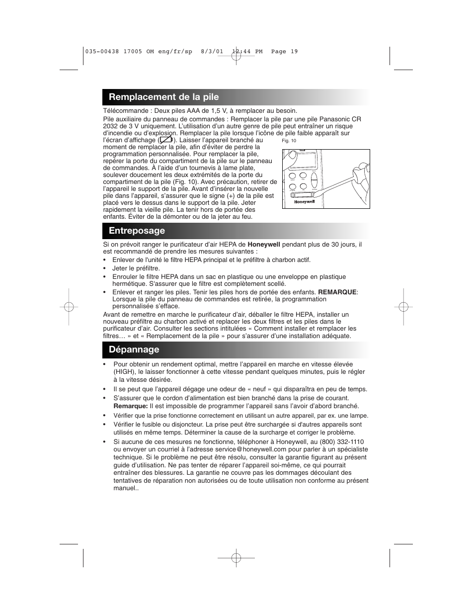 Remplacement de la pile, Entreposage, Dépannage | Honeywell 17005 User Manual | Page 20 / 32