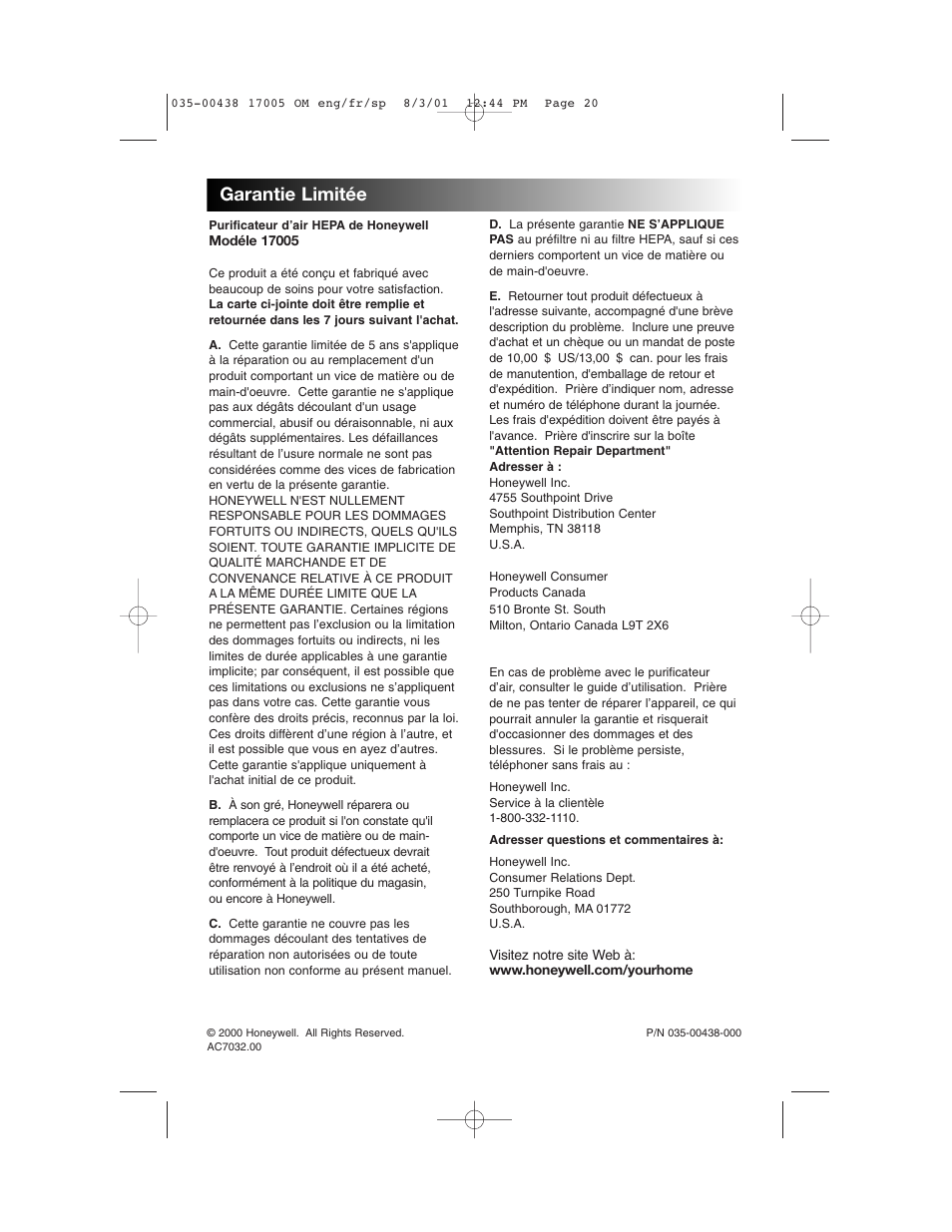 Garantie limitée | Honeywell 17005 User Manual | Page 21 / 32