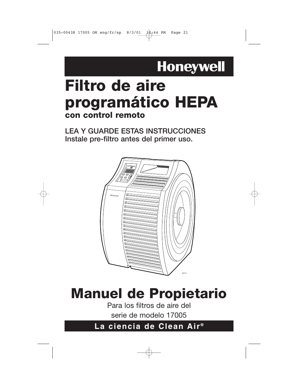 Filtro de aire programático hepa, Manuel de propietario, Con control remoto | Honeywell 17005 User Manual | Page 22 / 32
