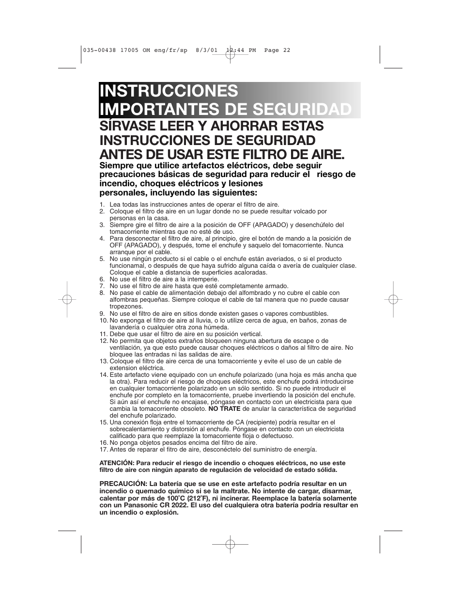 Instrucciones importantes de seguridad | Honeywell 17005 User Manual | Page 23 / 32