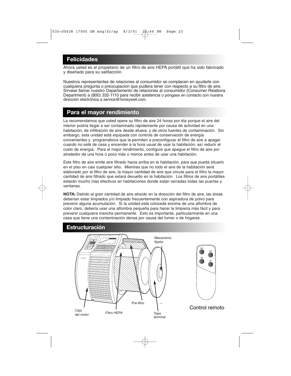 Felicidades, Para el mayor rendimiento, Estructuración | Control remoto | Honeywell 17005 User Manual | Page 24 / 32