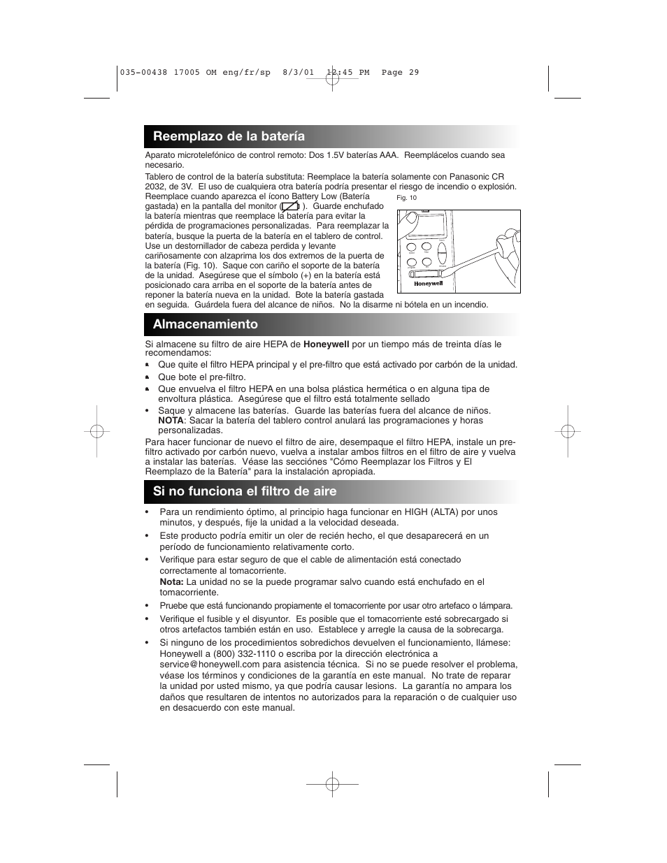 Reemplazo de la batería, Almacenamiento, Si no funciona el filtro de aire | Honeywell 17005 User Manual | Page 30 / 32