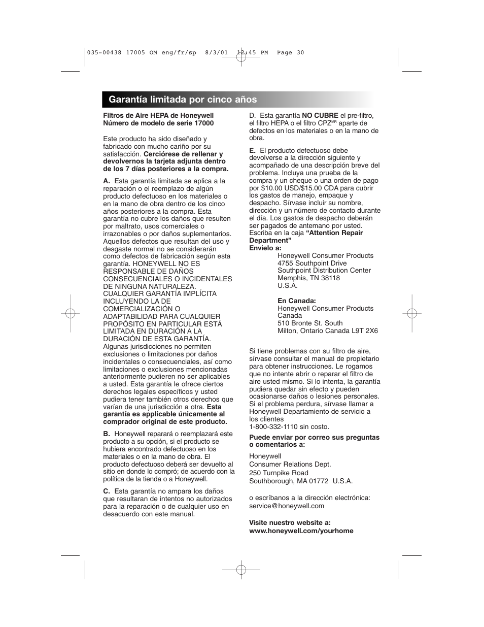 Garantía limitada por cinco años | Honeywell 17005 User Manual | Page 31 / 32