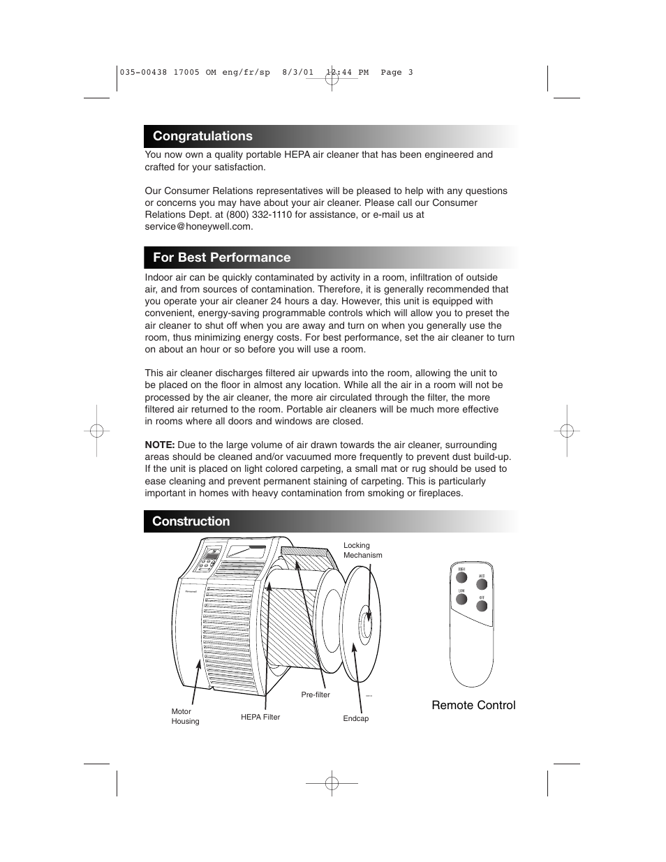 For best performance, Construction, Remote control | Honeywell 17005 User Manual | Page 4 / 32