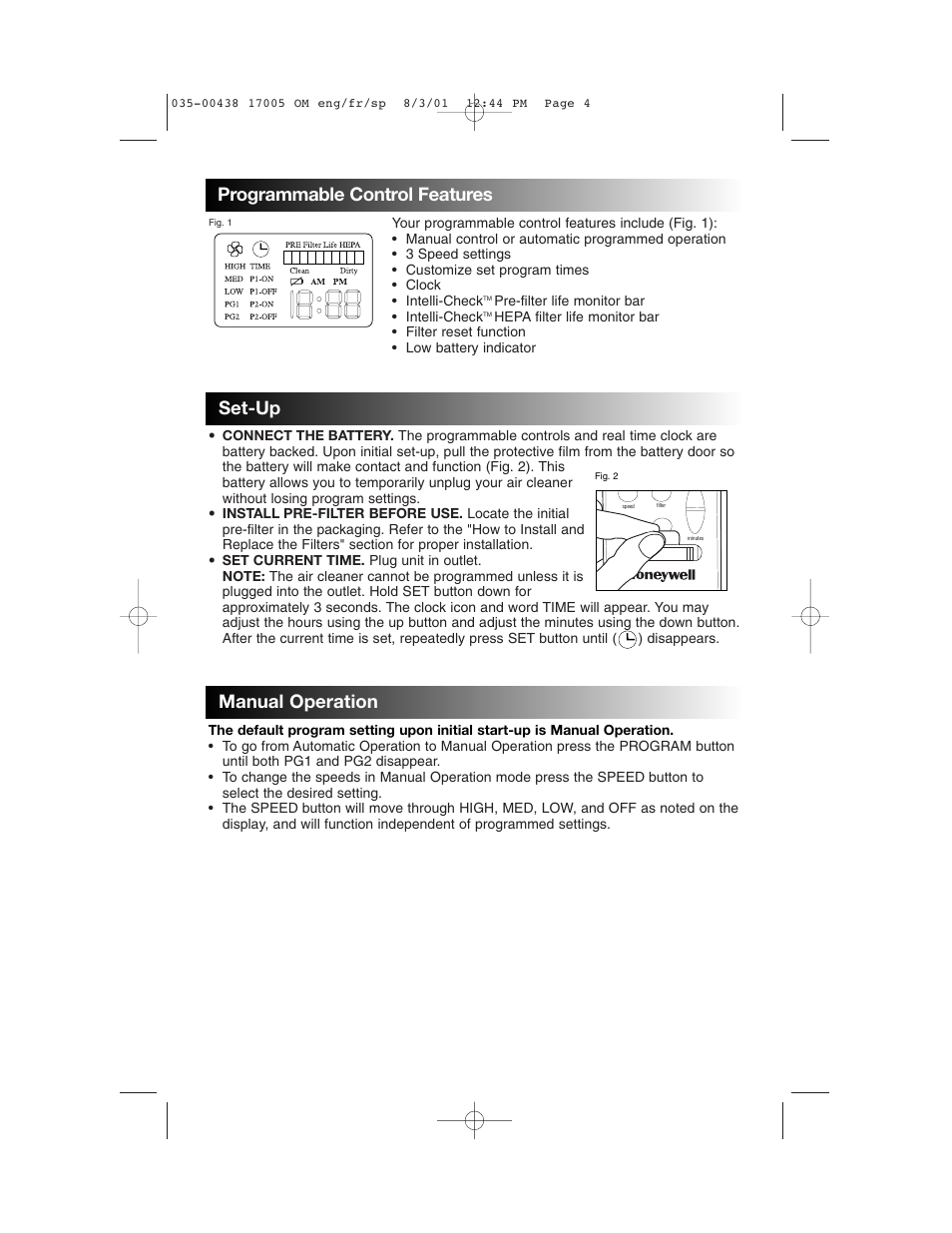 Set-up, Manual operation programmable control features | Honeywell 17005 User Manual | Page 5 / 32