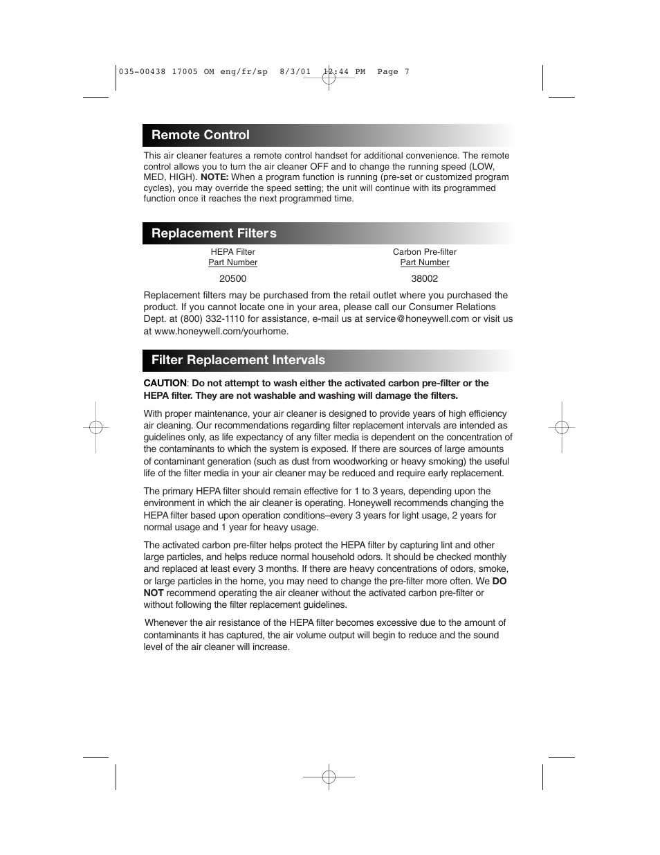 Replacement filter s, Filter replacement intervals, Remote control | Honeywell 17005 User Manual | Page 8 / 32