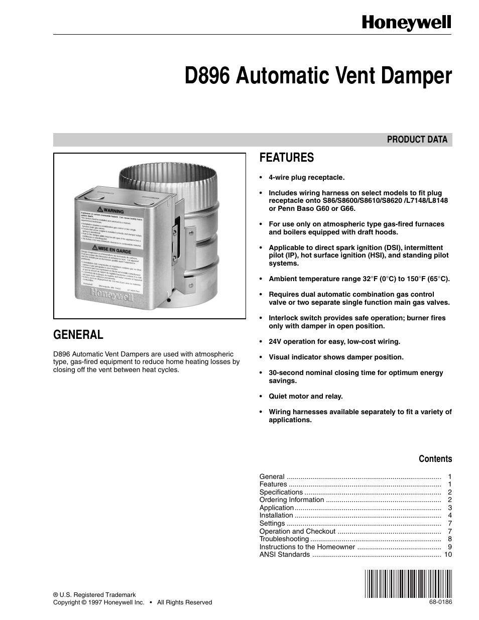 Honeywell AUTOMATIC VENT DAMPER D896 User Manual | 12 pages