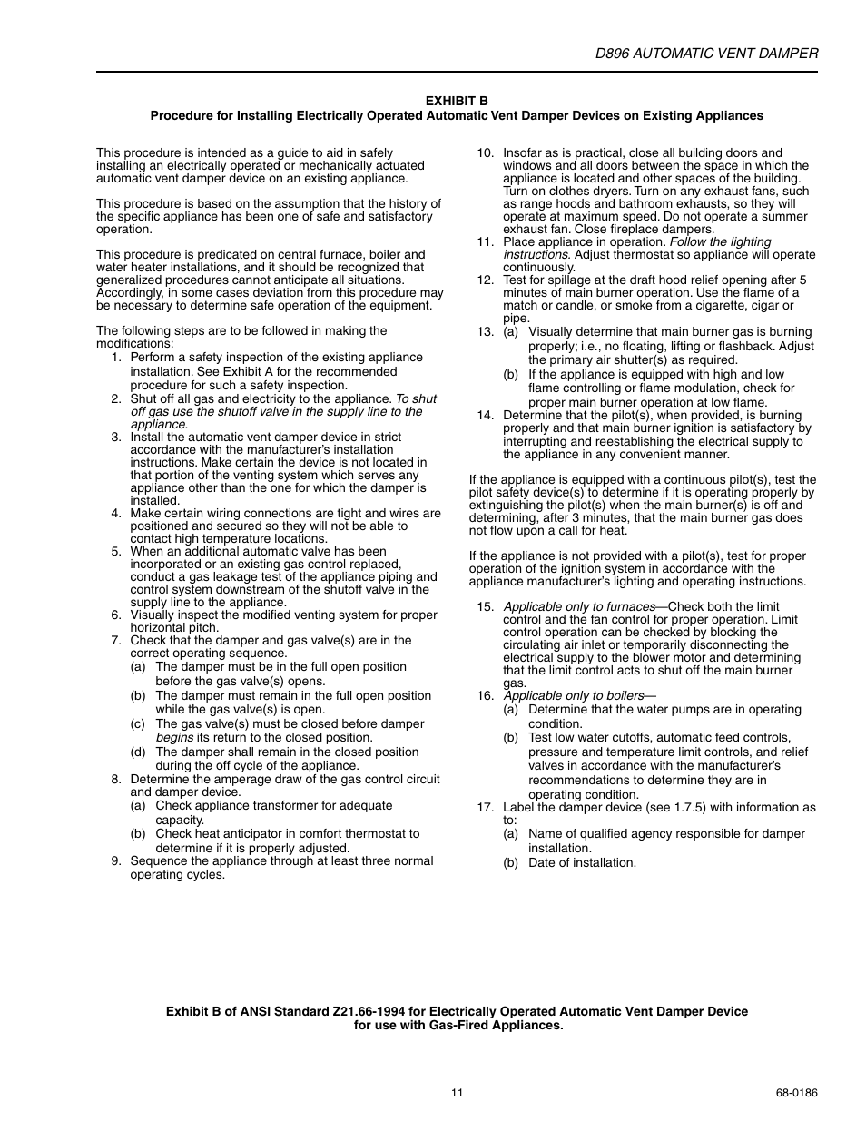 Honeywell AUTOMATIC VENT DAMPER D896 User Manual | Page 11 / 12