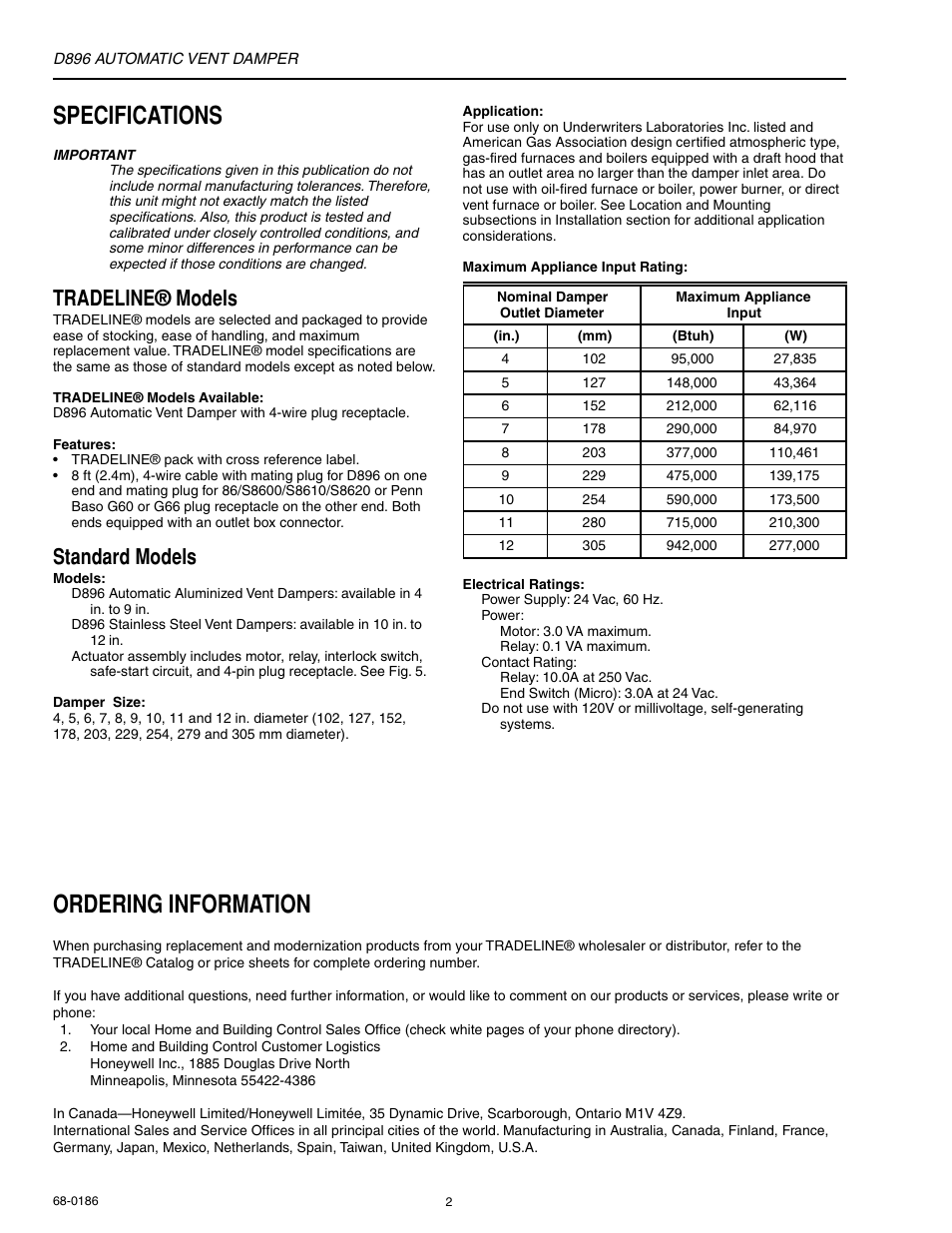 Specifications, Ordering information, Tradeline® models | Standard models | Honeywell AUTOMATIC VENT DAMPER D896 User Manual | Page 2 / 12