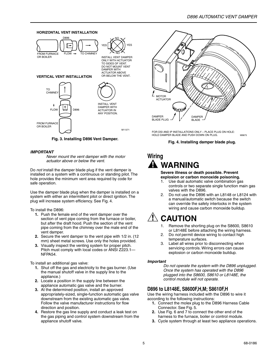 Warning, Caution, Wiring | Honeywell AUTOMATIC VENT DAMPER D896 User Manual | Page 5 / 12