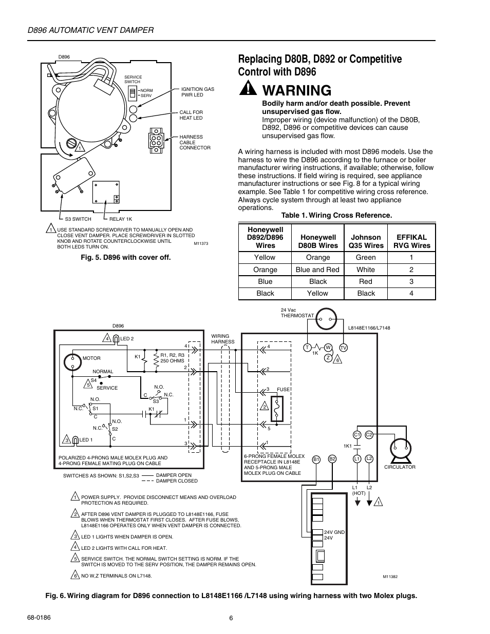 Warning, D896 automatic vent damper | Honeywell AUTOMATIC VENT DAMPER D896 User Manual | Page 6 / 12